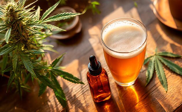 Конопляное пиво: вкус, аромат и психоактивное действие Стакан пенного пива с листьями конопли